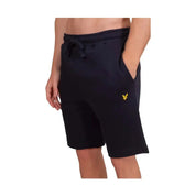Navy blue fleece shorts uomo lyle e scott con logo uccello giallo sul coscia