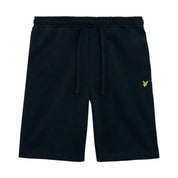 Shorts uomo Lyle e Scott neri in tessuto tecnico con logo uccello oro sulla coscia