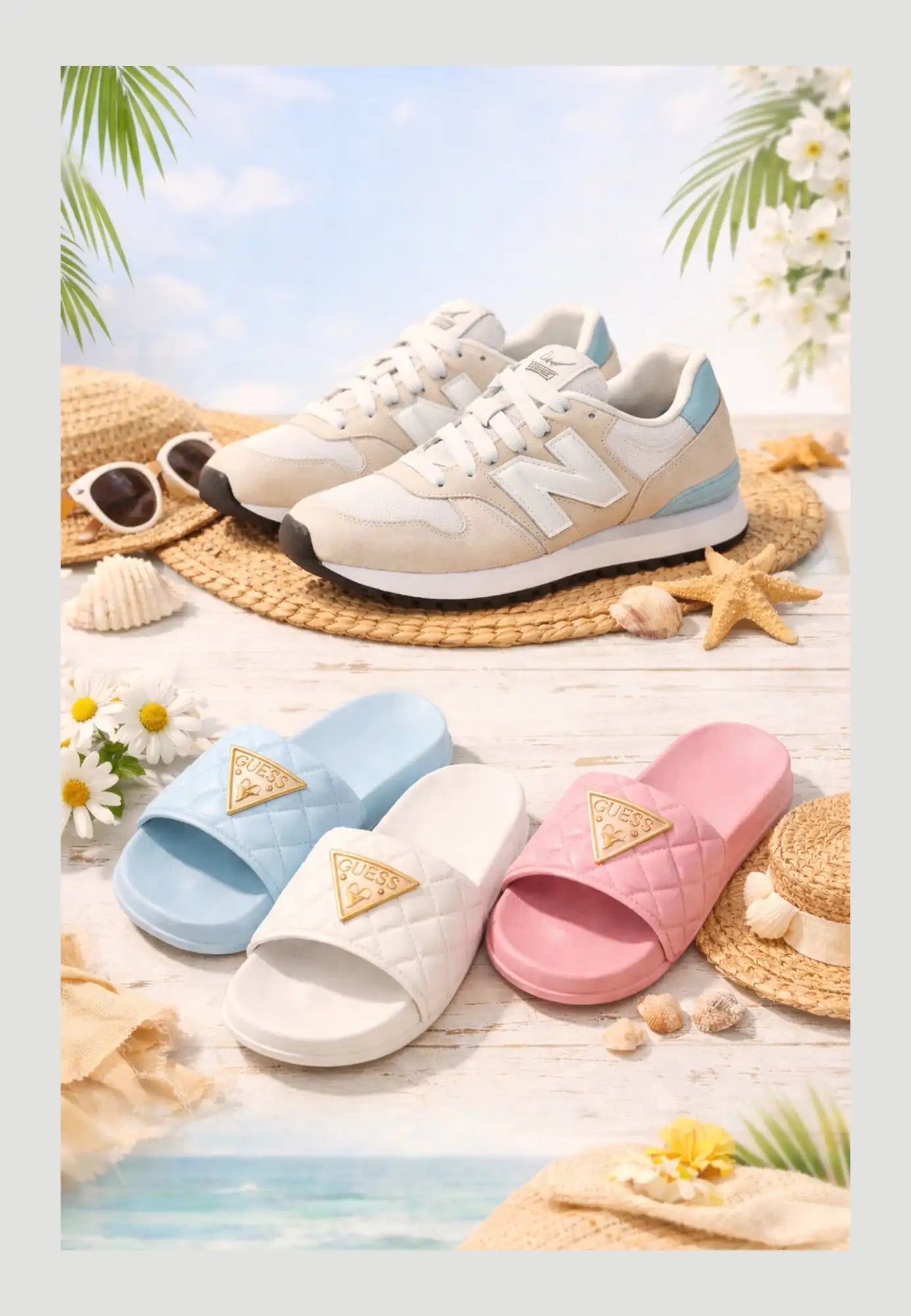 Sneaker sportive beige e azzurro chiaro con logo 'n' bianco prominente sul lato, con materiale superiore simile alla suede e suole in gomma.