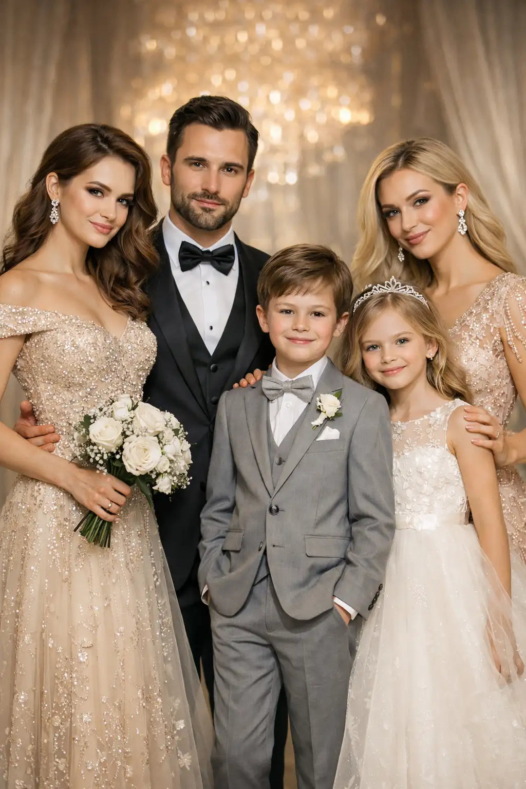 La sposa indossa un abito scintillante color champagne senza spalline, ornato con delicati paillettes dorati e dettagli in pizzo intricati.