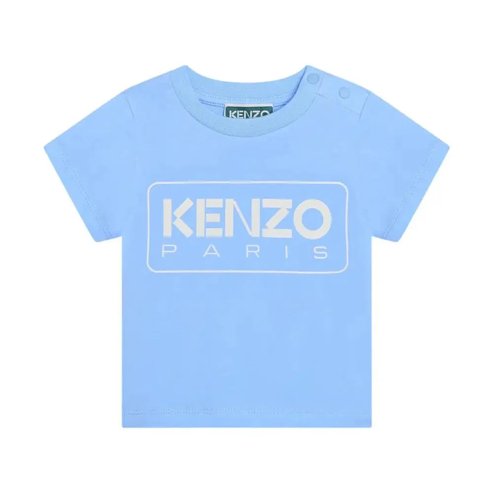 T-shirt bambino unisex kenzo in cotone azzurro chiaro con stampa logo rettangolare bianco frontale