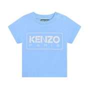 T-shirt bambino unisex kenzo in cotone azzurro chiaro con stampa logo rettangolare bianco frontale