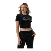 T-shirt in ciniglia con strass donna nero guess