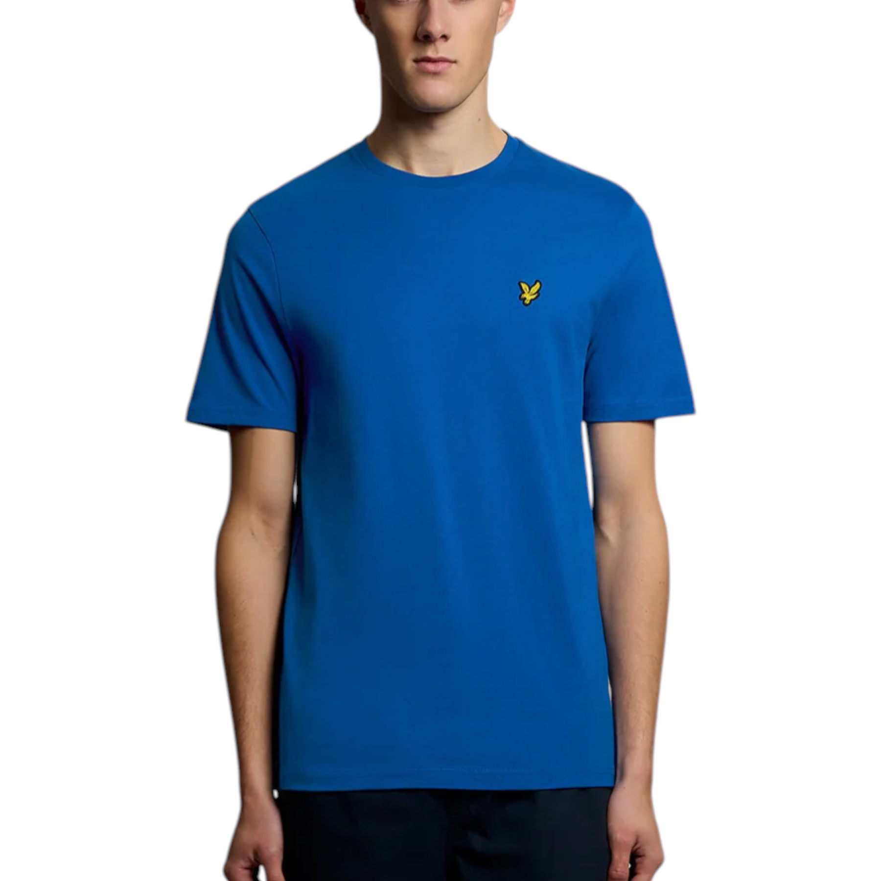T-shirt in cotone blu da uomo con maniche corte e logo uccellino giallo piccolo sulla sinistra del petto lyle e scott