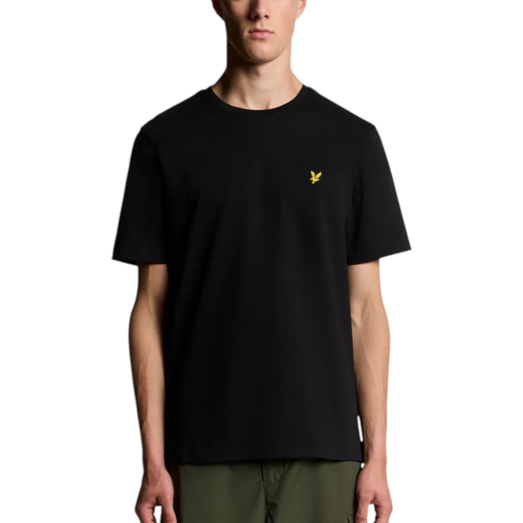 T-shirt in cotone uomo nero con maniche corte e piccolo logo uccello giallo sul petto lyle e scott