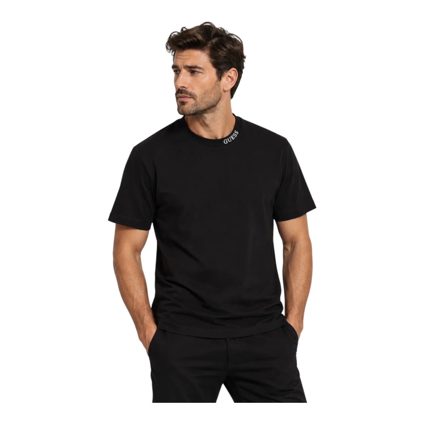 T-shirt logo collo uomo nero guess