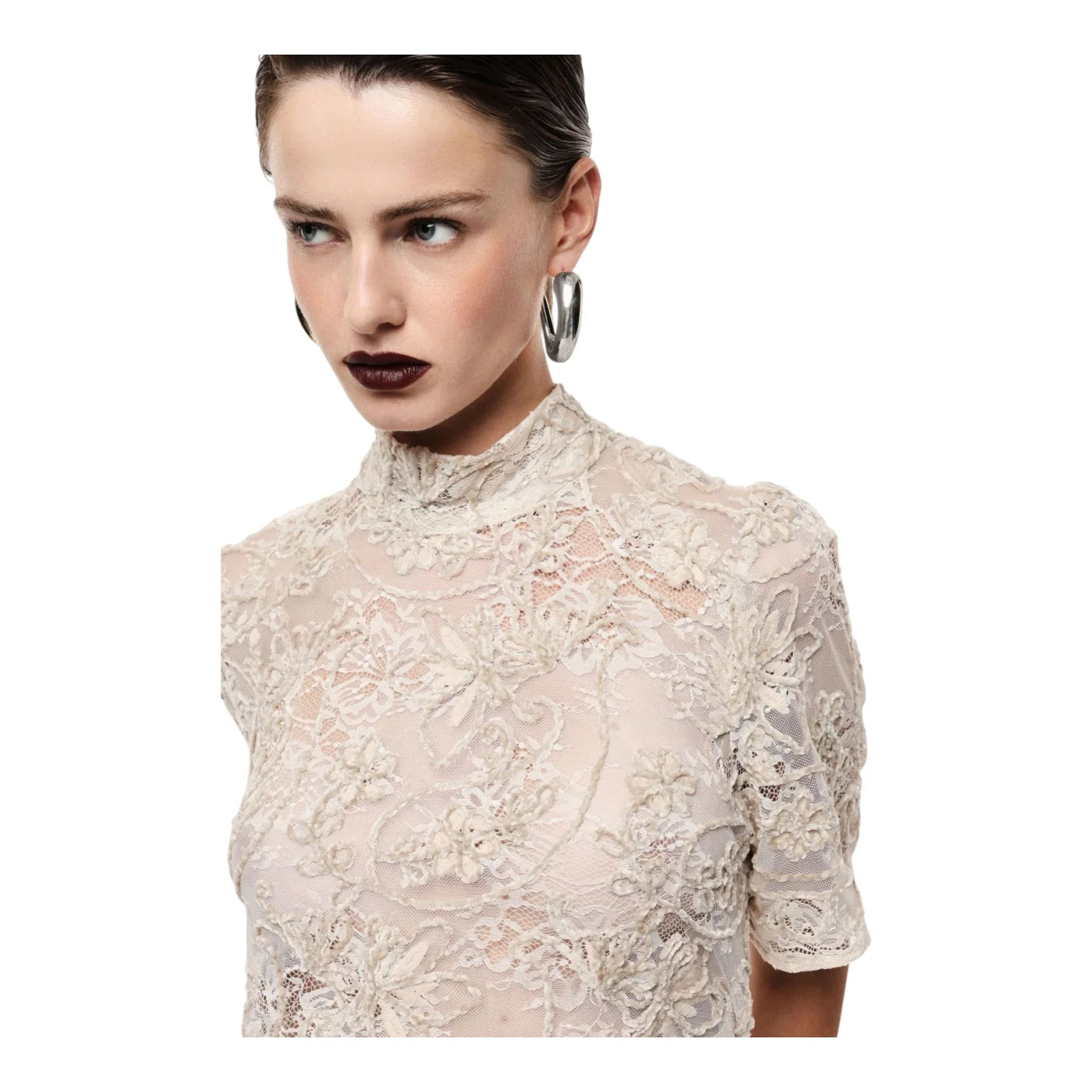 Top pizzo trasparente manica corta donna avorio imperial