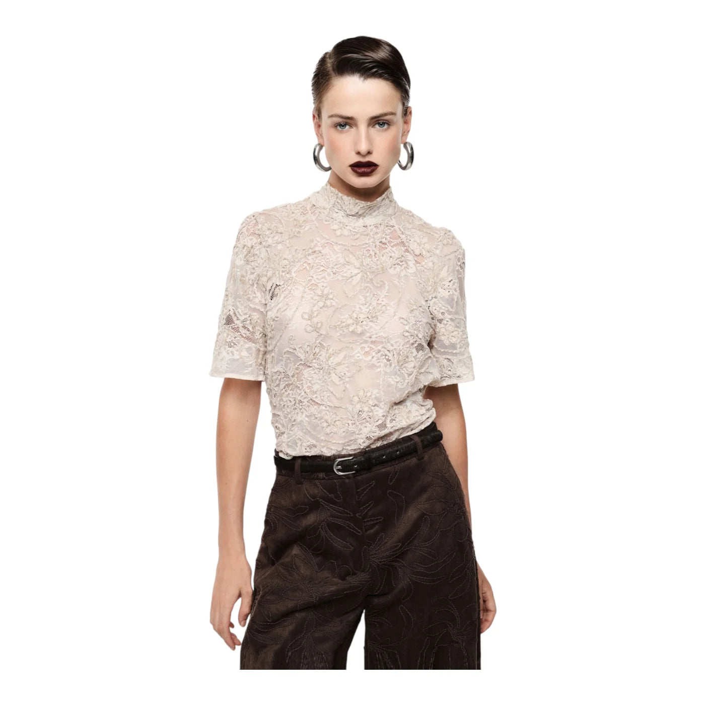 Top pizzo trasparente manica corta donna avorio imperial