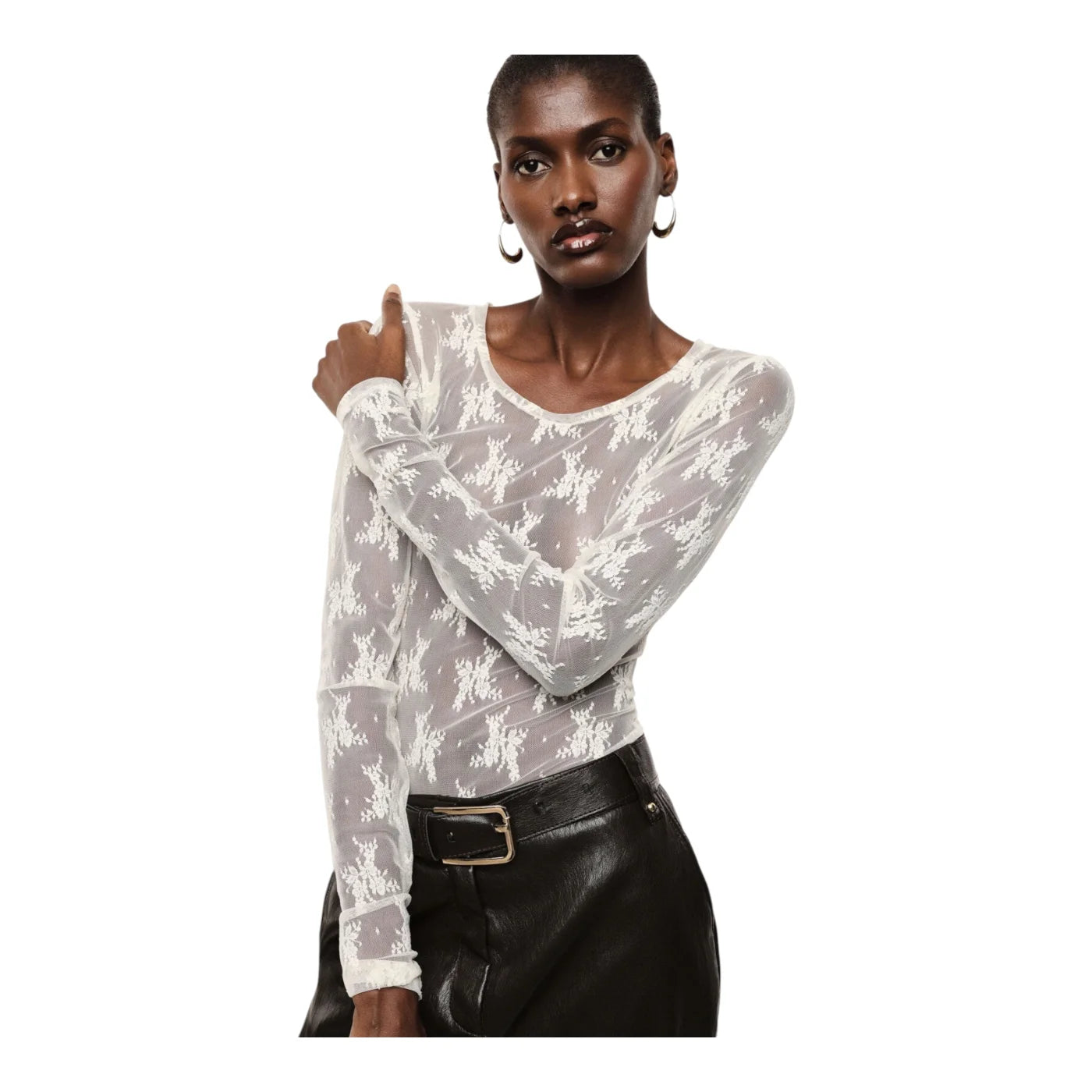 Top trasparente a maniche lunghe donna avorio imperial