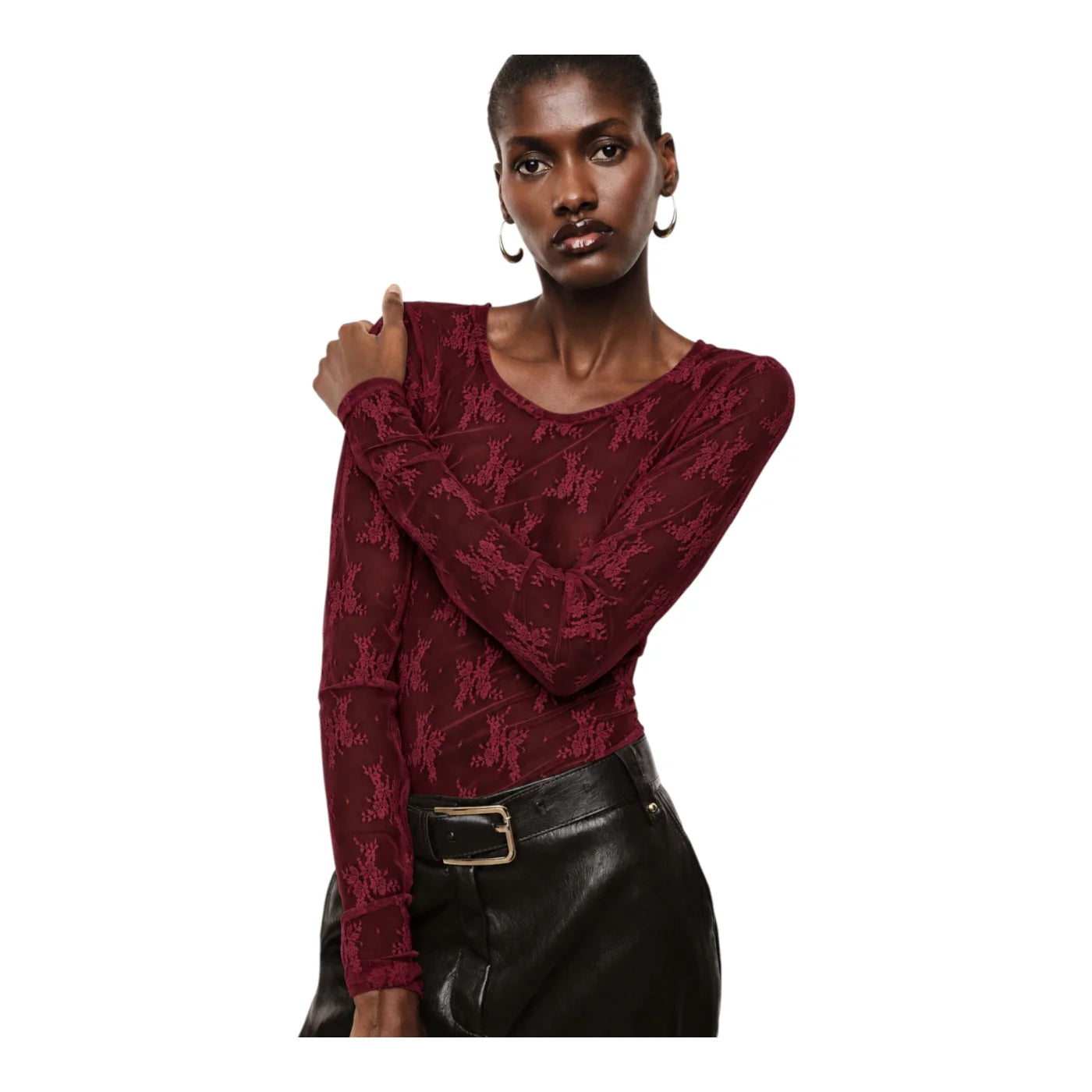 Top trasparente a maniche lunghe donna bordeaux imperial