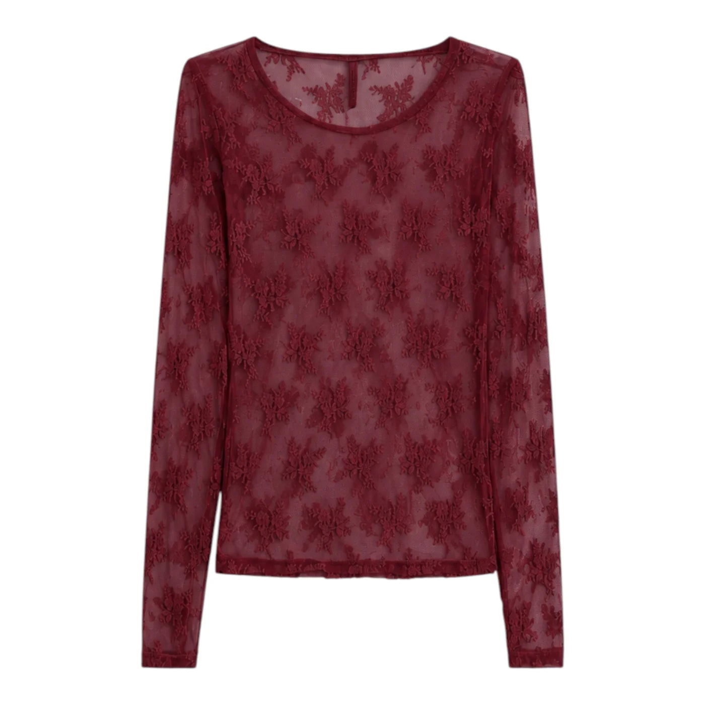 Top trasparente a maniche lunghe donna bordeaux imperial